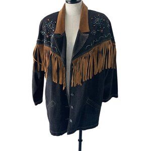 Carole Little Sport Vintage Womens Jacket Size 12 Blue Beaded Denim Leather